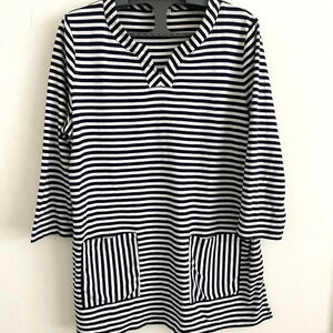 Vintage Talbots white/black striped pockets front blouse X